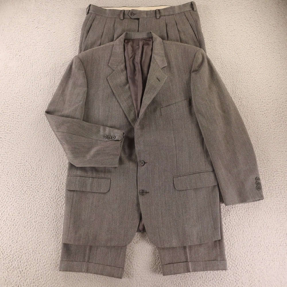 Corneliani Suit L 44R Gray Birdseye Check 100% Wool Made in Italy Pleated 36x30